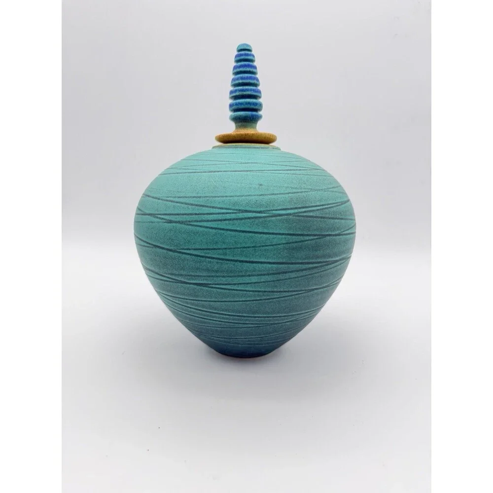 vintage Marali Blalu studio art pottery turquoise W/stopper Urn Genie Vase